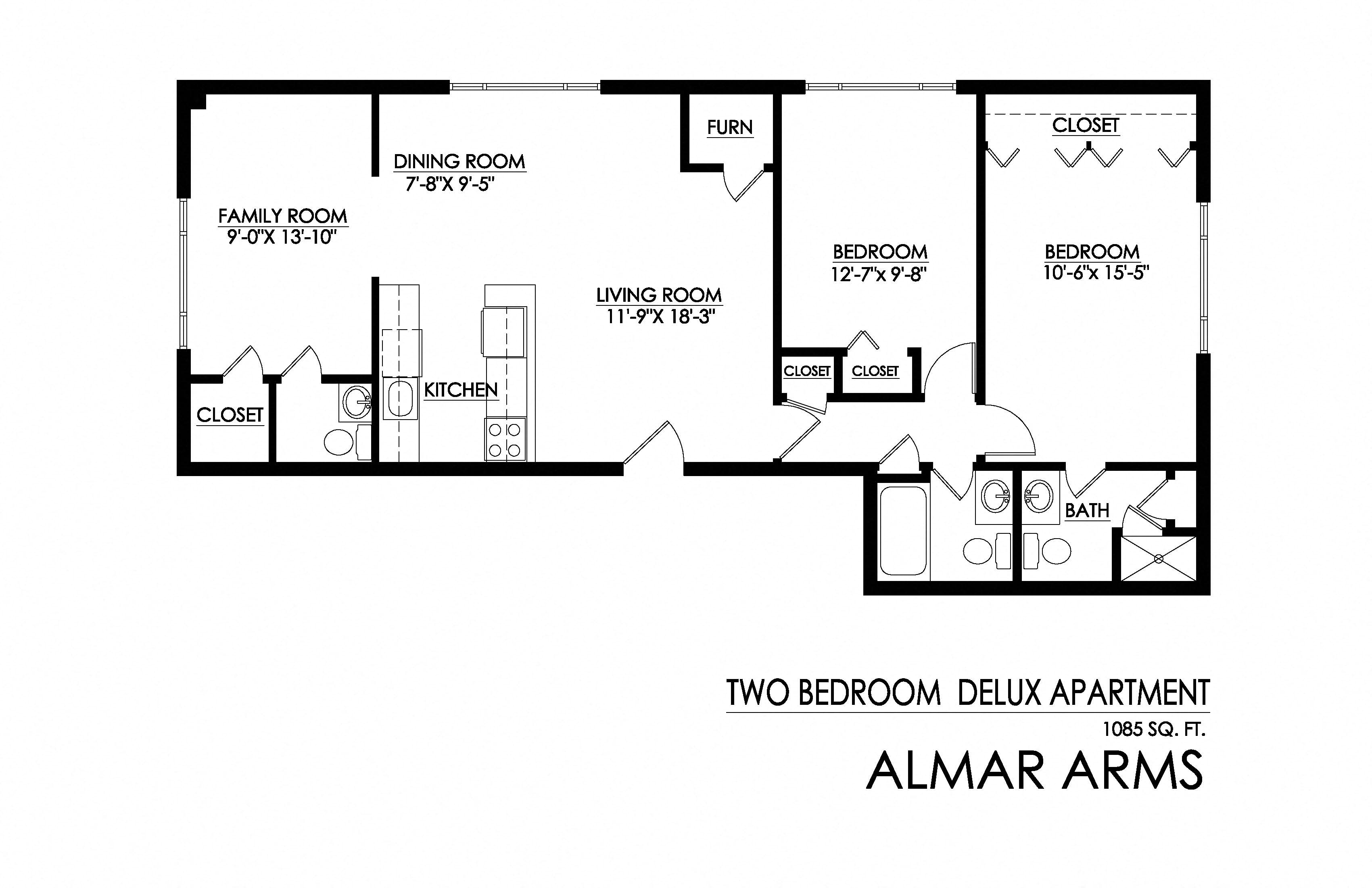Floor plan for 2 beds, 2.5 baths, 1085 sqft